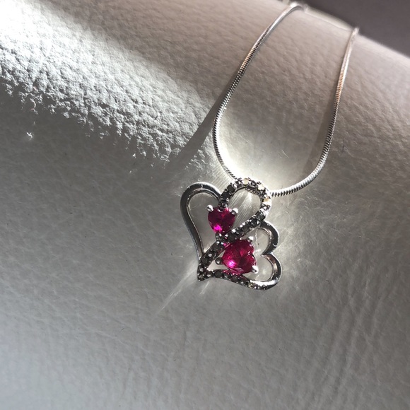 Ruby & Diamond Double-Hearts Necklace, Sterling Silver w/ 24-inch Sterling Chain - Picture 4 of 12